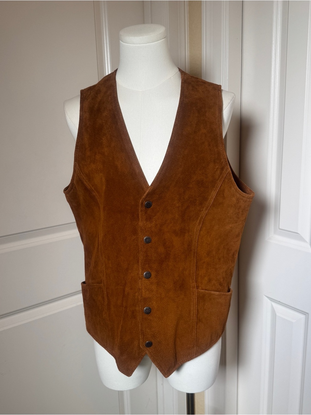 Wrangler Suede Leather Western Vest Brown Snap Front Men’s Small